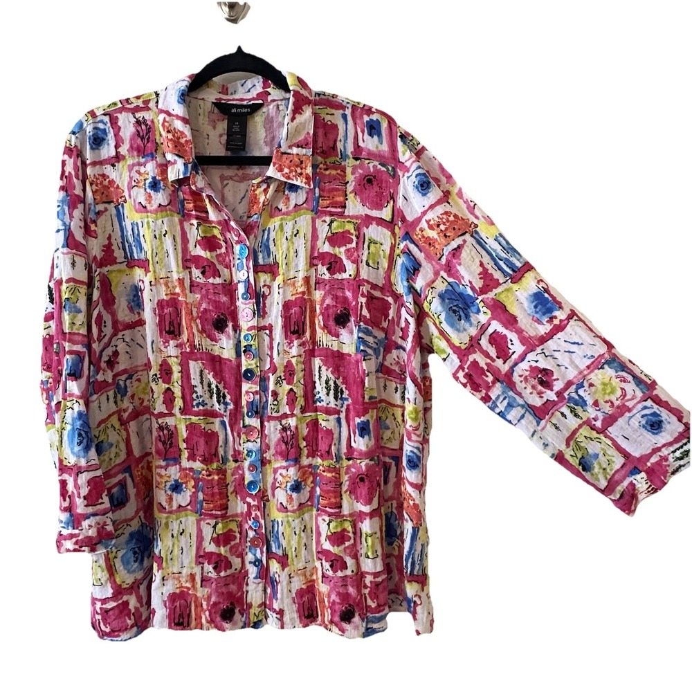 Ali Miles Artsy Watercolor Floral Button Up Tunic Lagenlook‎ Plus Size 1X - Picture 5 of 15